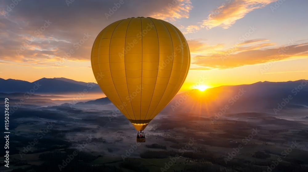 Obraz premium A hot air balloon flying over a valley at sunset