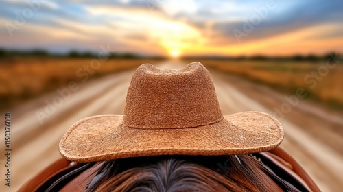 A woman in a cowboy hat riding a horse down a dirt road