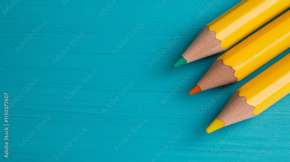 Obraz premium Three yellow and green pencils on a blue background