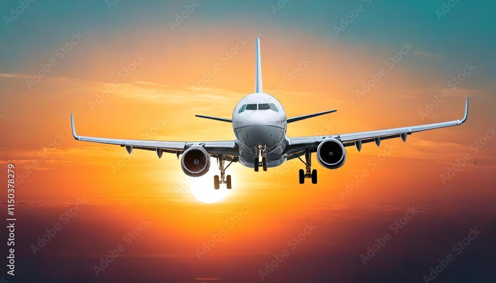 Naklejka premium Airplane flying at sunset 
