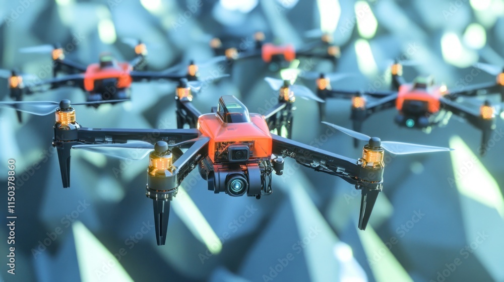 Swarm of orange drones in flight.