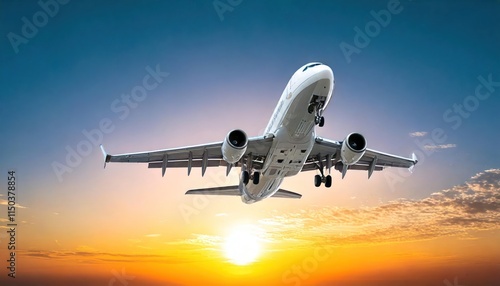 Airplane flying at sunset 
