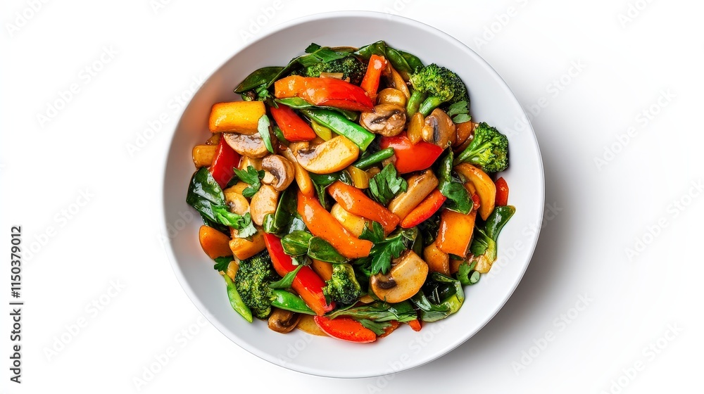 Vibrant Stir-Fried Vegetables in a White Bowl on Clean Surface Vibrant Stir-Fried Vegetables in a White Bowl on Clean Surface