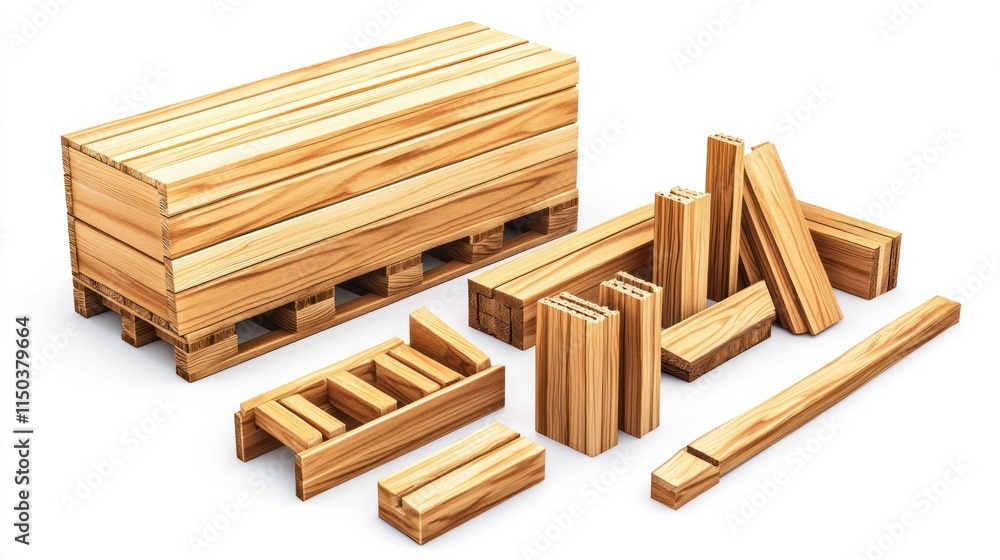 Wooden pallet and assorted lumber pieces isolated on white. Wooden pallet and assorted lumber pieces isolated on white.