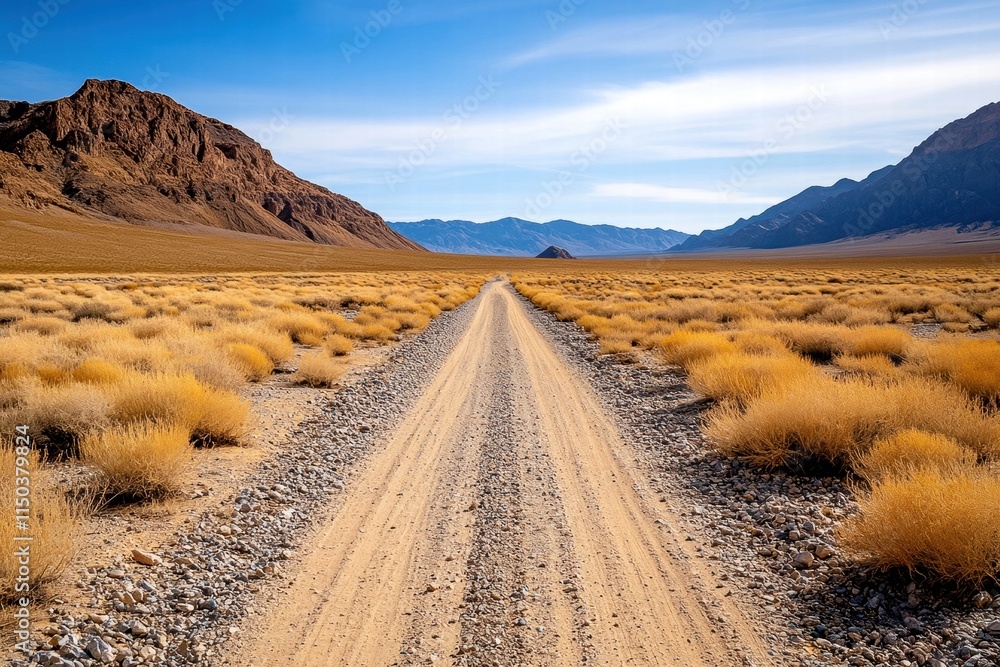 Wide dirt road through a beautiful desert landscape under a clear blue sky. Wide dirt road through a beautiful desert landscape under a clear blue sky.