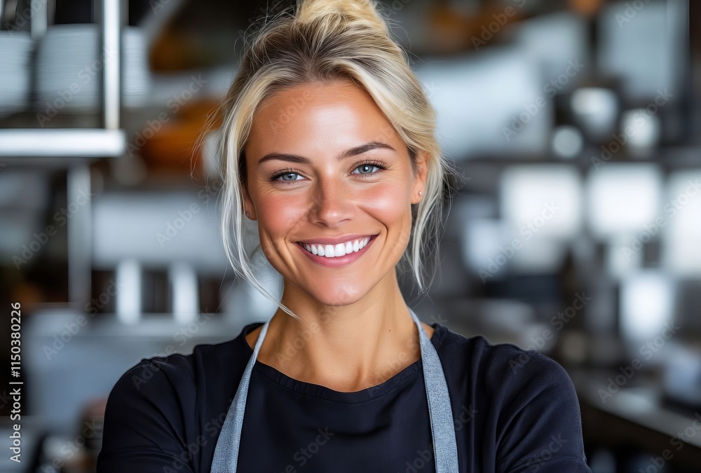 A smiling woman wearing an apron in a kitchen A smiling woman wearing an apron in a kitchen