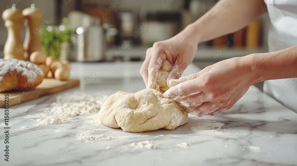 A pastry chef skillfully shaping dough for artisanal bread on a marble countertop in a professional kitchen. A pastry chef skillfully shaping dough for artisanal bread on a marble countertop in a professional kitchen.