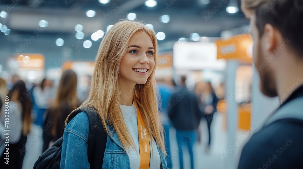 Wide shot of recruiters meeting potential candidates at a job fair, with booths and signage in the background, and people engaging in conversation. Wide shot of recruiters meeting potential candidates at a job fair, with booths and signage in the background, and people engaging in conversation.