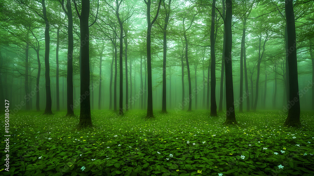 Obraz premium Misty green forest with wildflowers.
