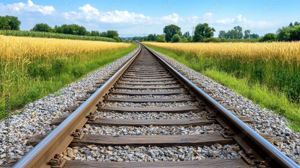 Railway tracks stretching into the horizon, surrounded by lush fields under a blue sky.