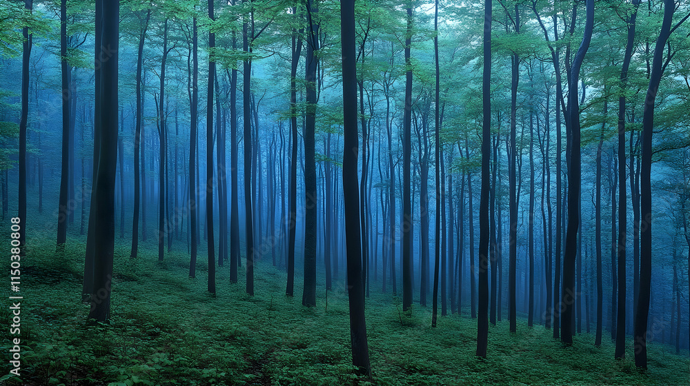 Naklejka premium Mystical blue forest scene at dawn, misty, serene, lush green undergrowth, tall trees.