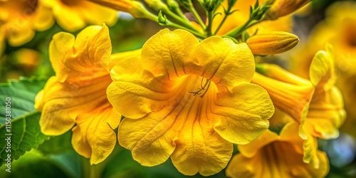 Macro Photography of Yellow Trumpet Flower (Tecoma stans) - Vibrant Pollen and Petals photo