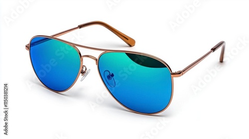 A photostock of classic mirrored aviator sunglasses with tropical beach reflections, isolated on a clean white background, stylish and summery, High Quality photo