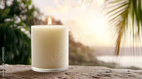 A white candle sitting on top of a rock next to a palm tree