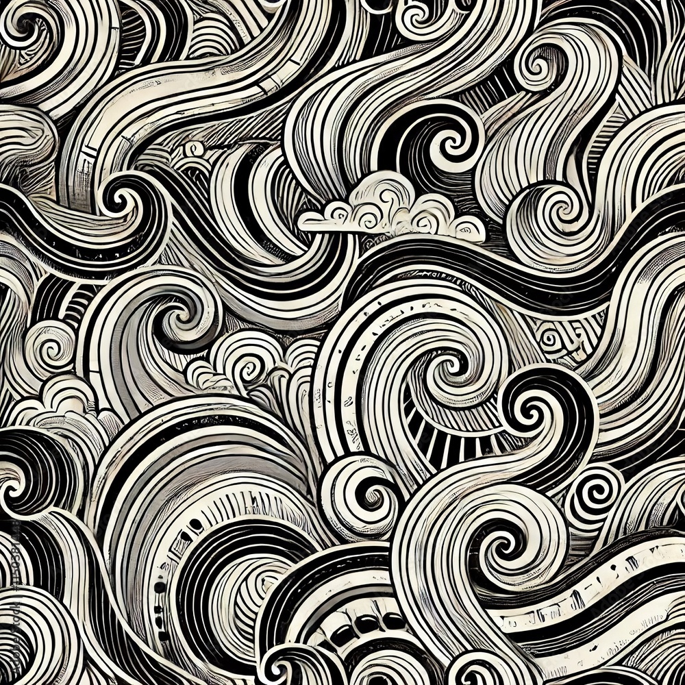 Obraz premium Wavy and curving brushstroke seamless vector design. Bold twists and squiggly motifs in a continuous horizontal banner. Monochrome doodle-inspired wallpaper. Created with generative AI technology