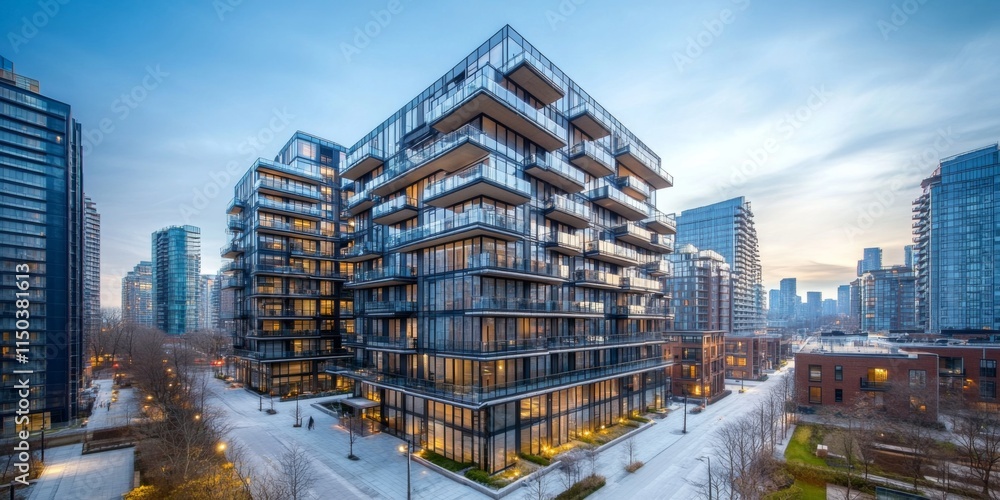Fototapeta premium Modern urban architecture featuring sustainable design elements like solar panels on apartment buildings