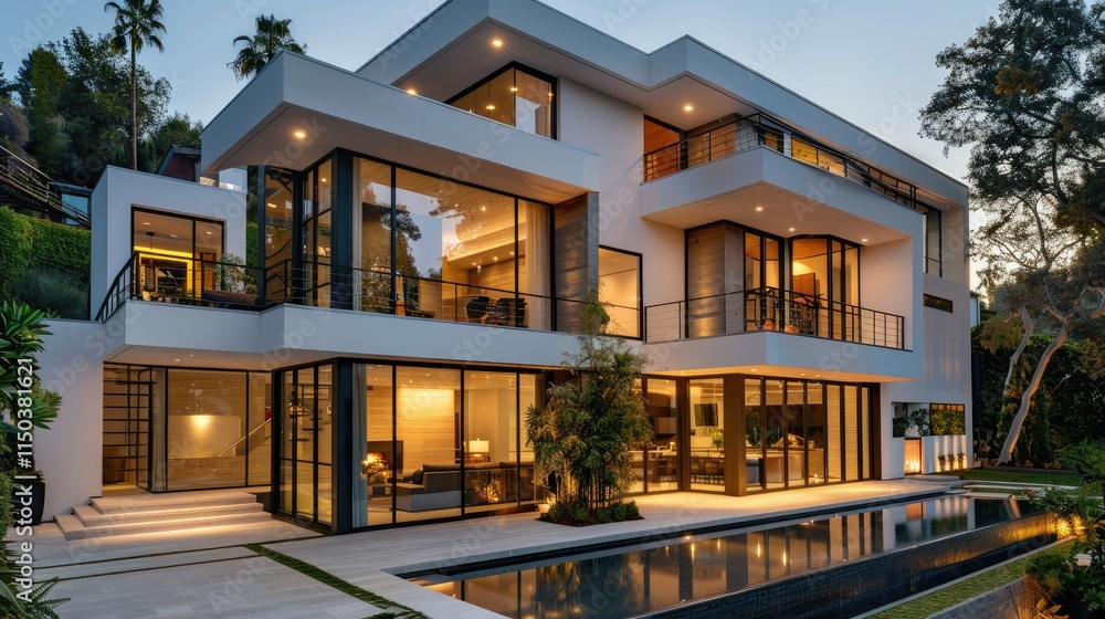 Modern house exterior with clean lines and large windows Modern house exterior with clean lines and large windows