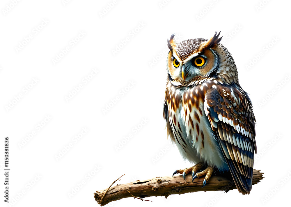 Naklejka premium Swamp owl sitting on a branch on a white background