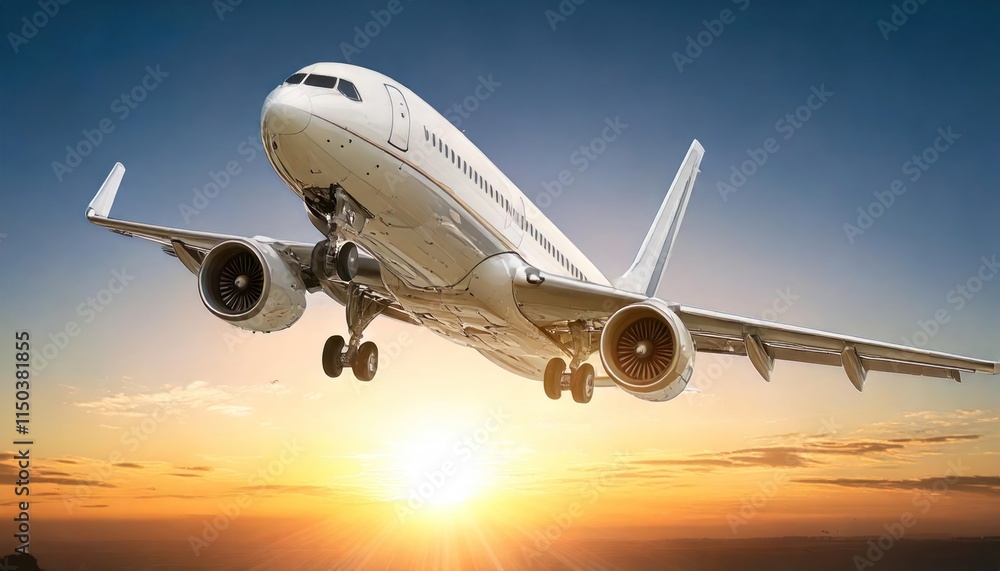 Obraz premium Airplane flying at sunset 