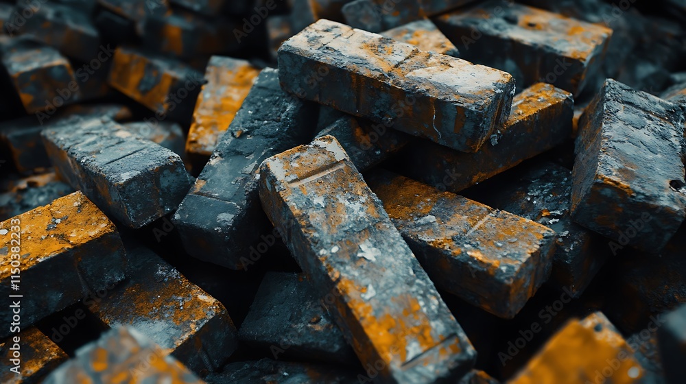 Stack of weathered, dark grey and orange rectangular bricks. Stack of weathered, dark grey and orange rectangular bricks.