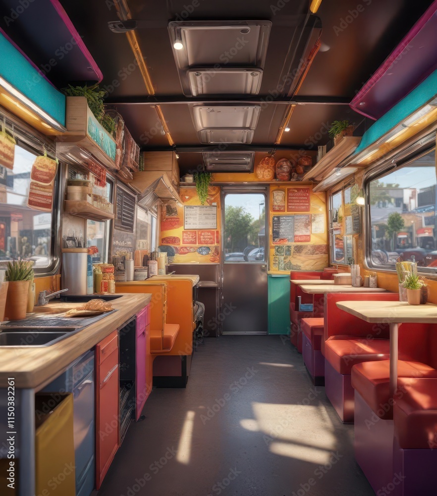 Food illustrations inside a vibrant and lively food truck, dining, food Food illustrations inside a vibrant and lively food truck, dining, food