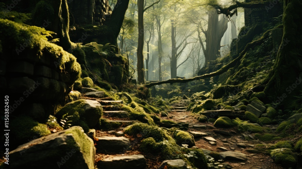 Obraz premium Enchanted Forest Path: A Mystical Journey Through Mossy Stone Steps