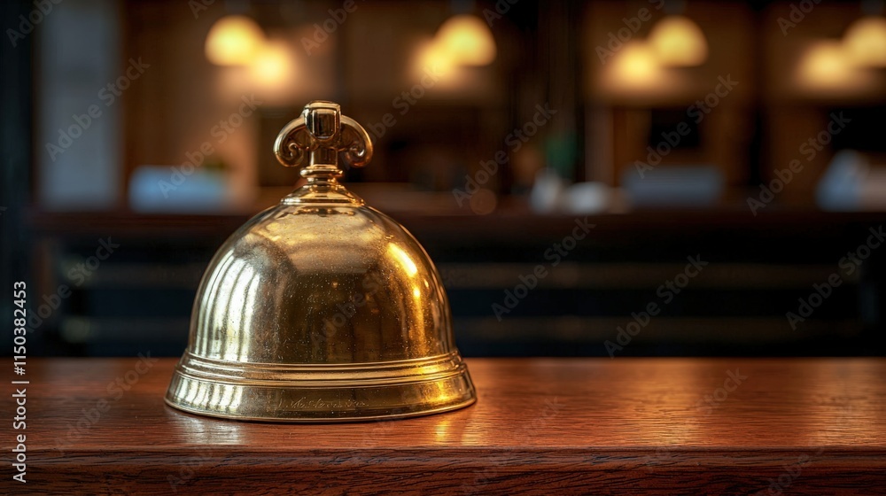 Elegant brass bell on wooden counter in a cozy hotel reception area Elegant brass bell on wooden counter in a cozy hotel reception area