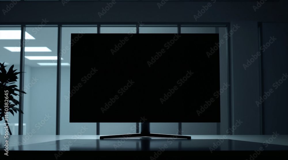 Dark screen monitor on a desk in a modern office setting with copy space Dark screen monitor on a desk in a modern office setting with copy space