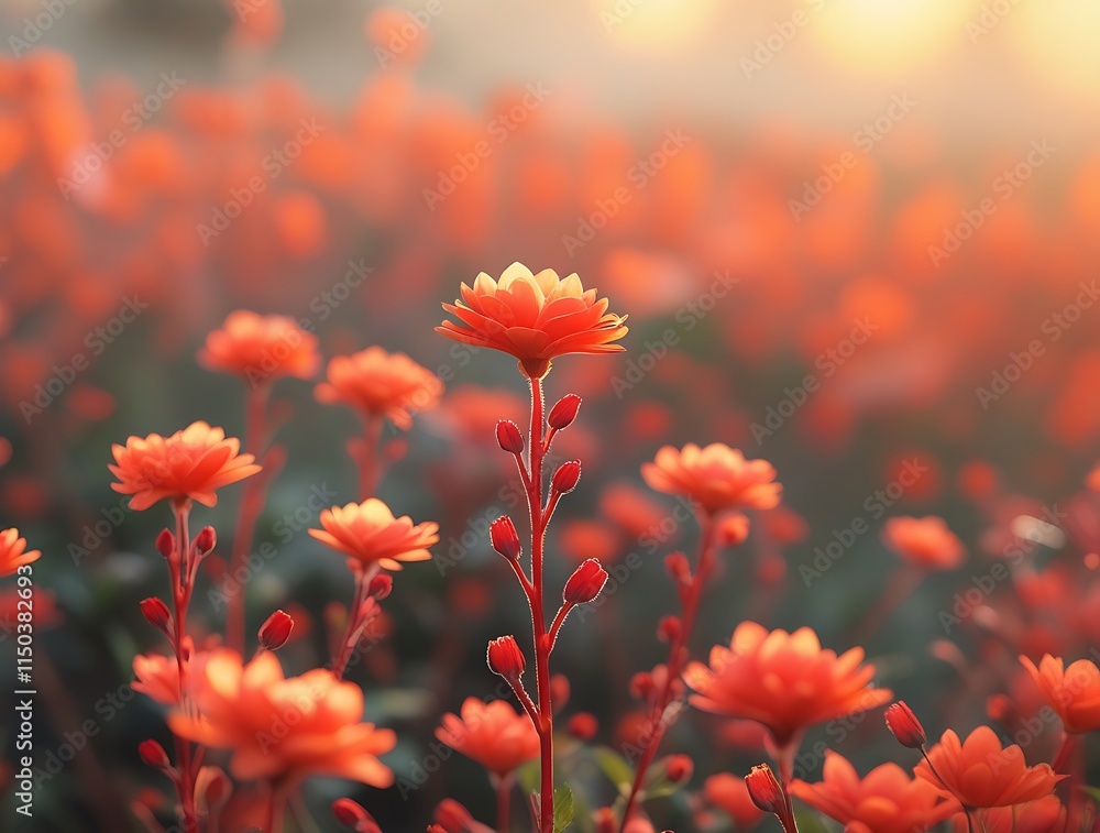 Vibrant Orange Flowers in Sunrise Light. A beautiful close-up view of a field of orange flowers bathed in the warm glow of a sunrise. Vibrant Orange Flowers in Sunrise Light. A beautiful close-up view of a field of orange flowers bathed in the warm glow of a sunrise.