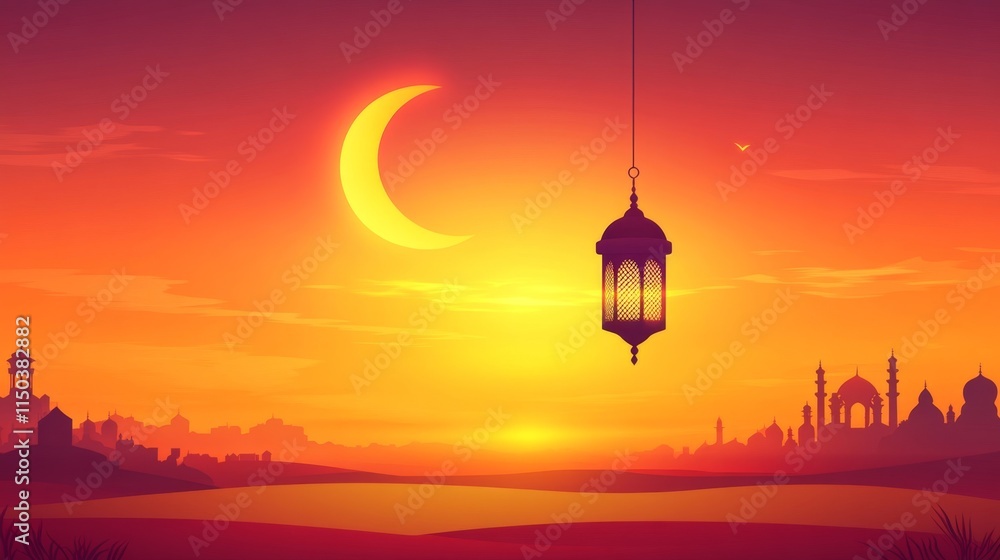 ramadan eid mubarak simple minimalist background. shinny crescent moon and hanging lantern in sky at sunset time ramadan eid mubarak simple minimalist background. shinny crescent moon and hanging lantern in sky at sunset time