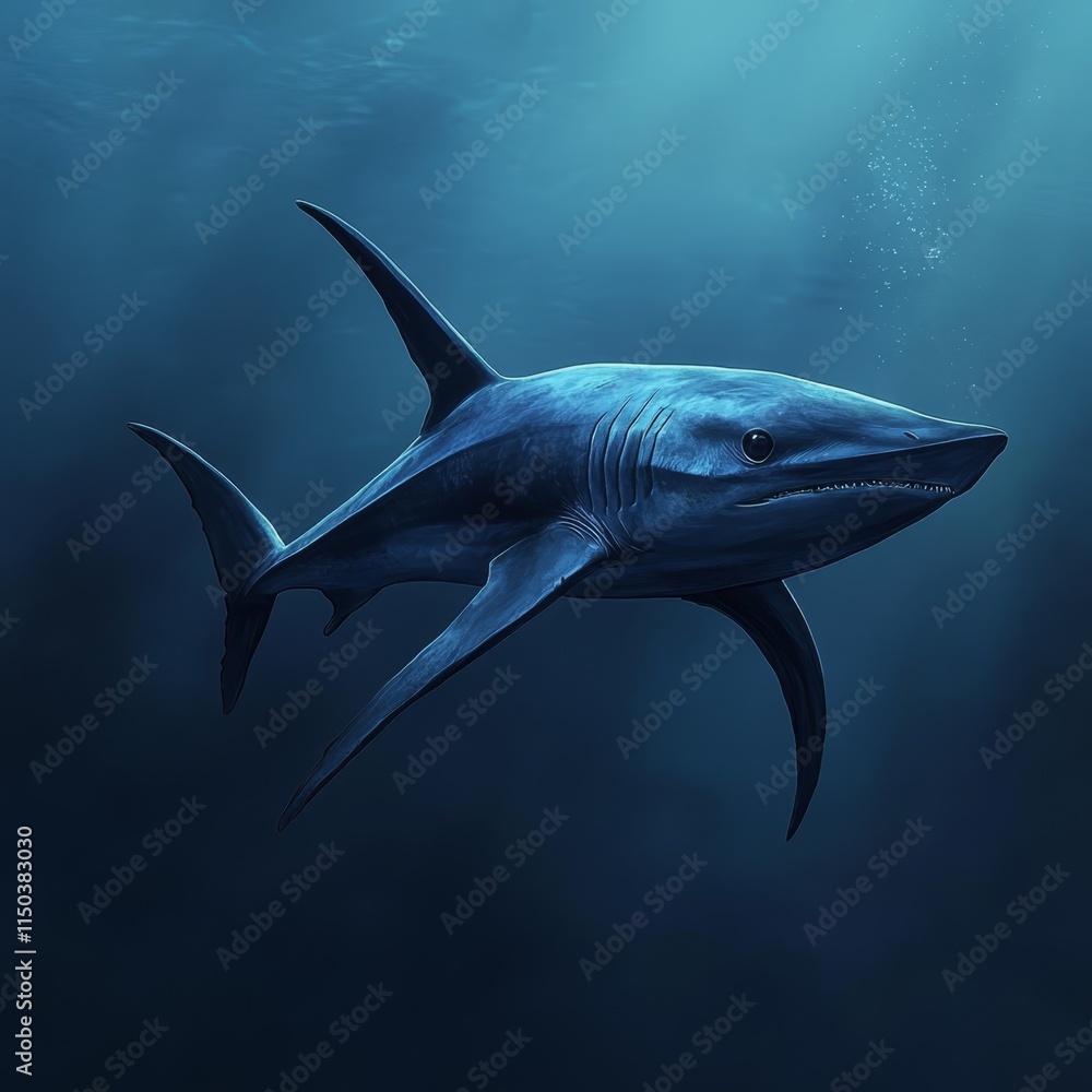 Obraz premium A blue shark swimming in the ocean with its mouth open
