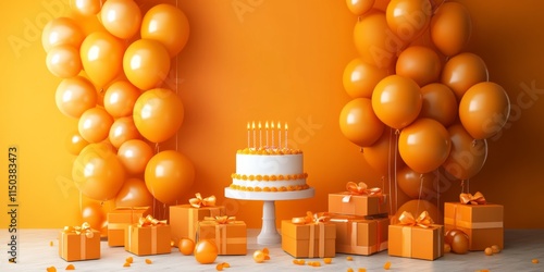 Colorful Party Room with Vibrant Orange Birthday Cake and Balloons: Festive Celebration Setting for Happy Occasions