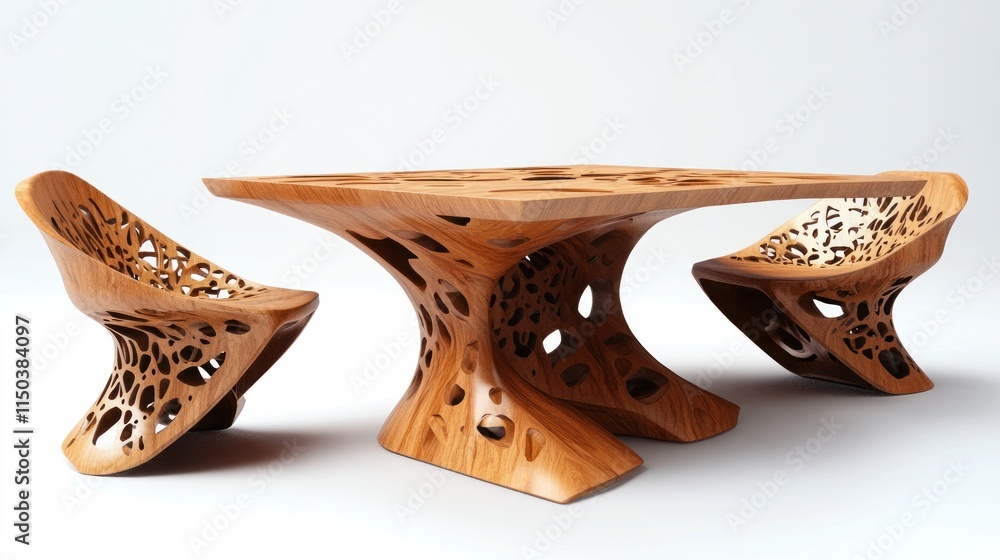 Modern wooden dining set with intricate carvings. Modern wooden dining set with intricate carvings.