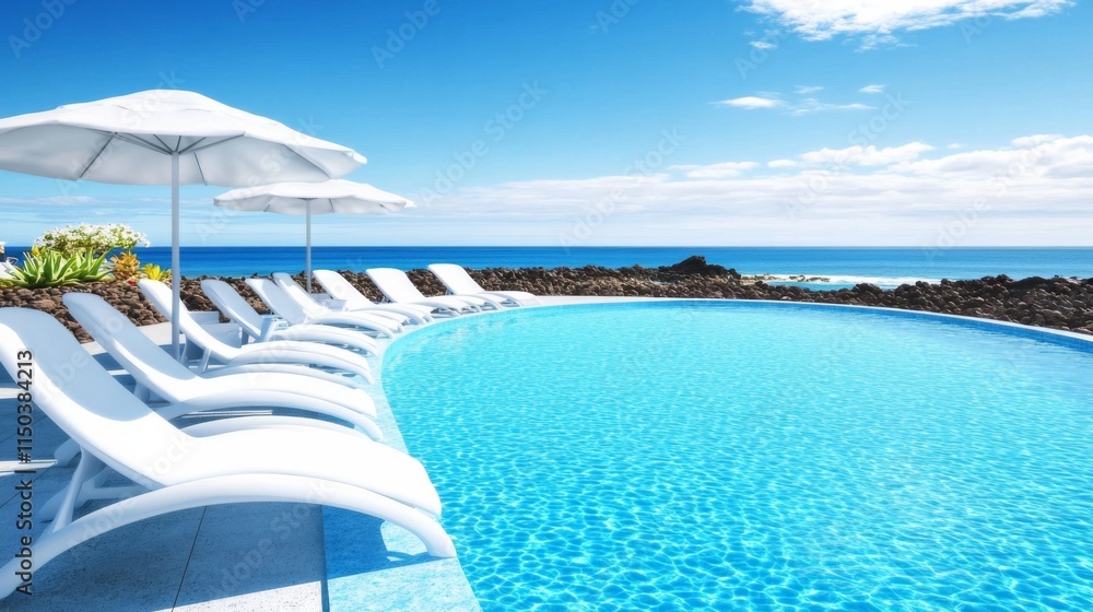 Fototapeta premium Luxury beachfront swimming pool with stylish white deckchairs showcasing an exclusive edge design concept