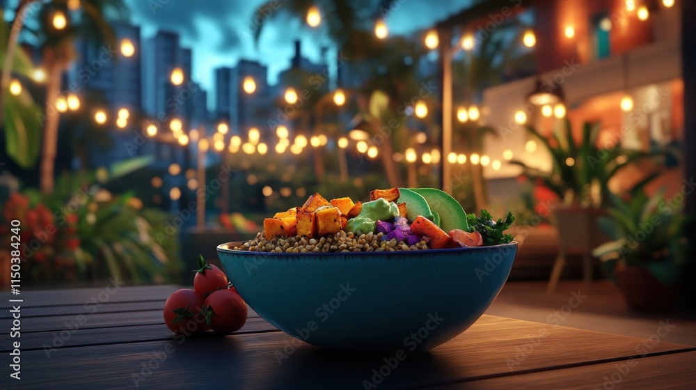 Vegan bowl with tofu, avocado, quinoa, and vegetables on a patio at night. Vegan bowl with tofu, avocado, quinoa, and vegetables on a patio at night.