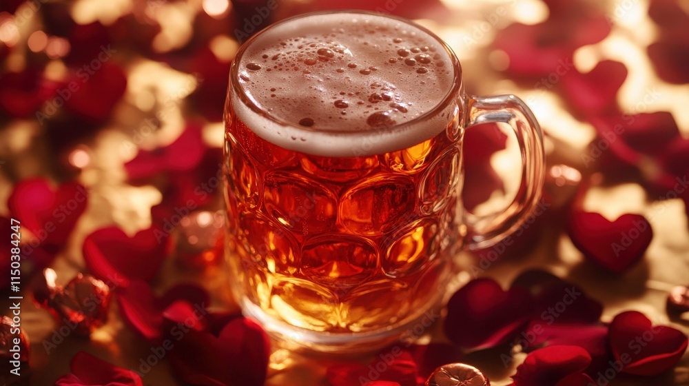 Romantic Beer Mug on Petal-Laden Table Romantic Beer Mug on Petal-Laden Table