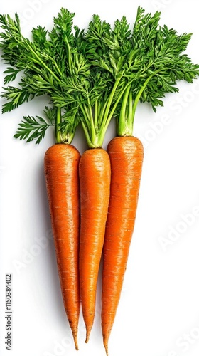 A photostock of fresh, vibrant carrots with green tops attached, isolated on a clean white background, healthy and natural, High Quality photo