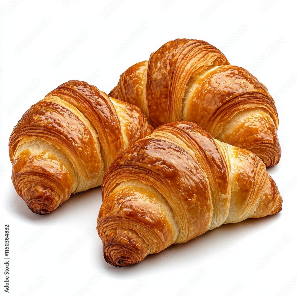 A photostock of freshly baked croissants arranged neatly, isolated on a clean white background, buttery and flaky, High Quality A photostock of freshly baked croissants arranged neatly, isolated on a clean white background, buttery and flaky, High Quality