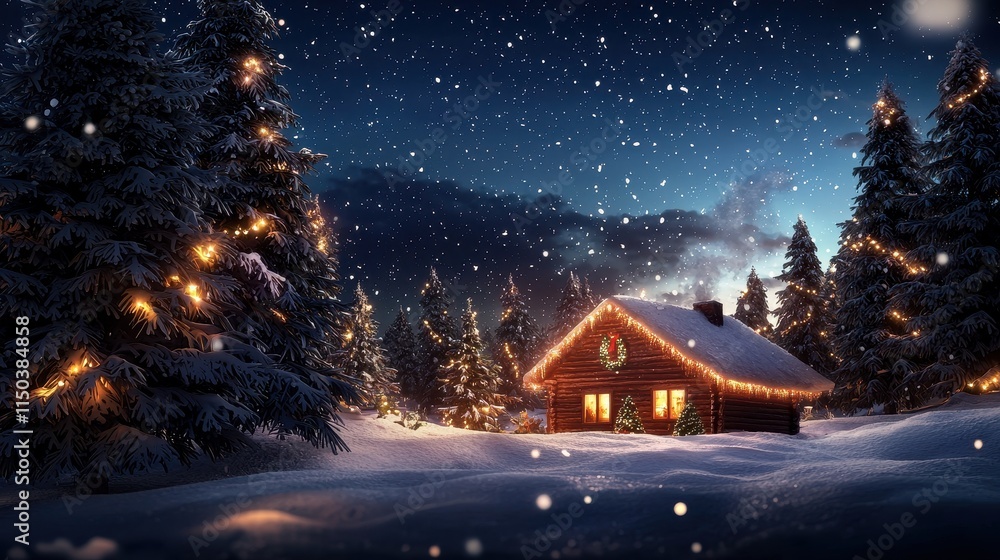 Fototapeta premium Charming Christmas Snow Globe Scene with Nostalgic Cabin and Trees