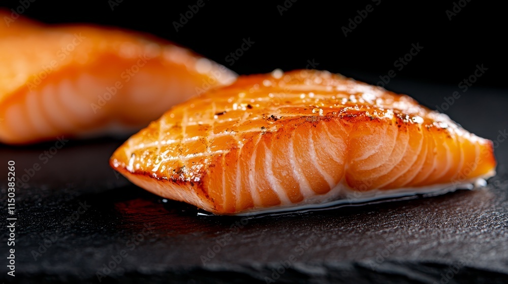 Two pieces of salmon sitting on top of a black surface Two pieces of salmon sitting on top of a black surface