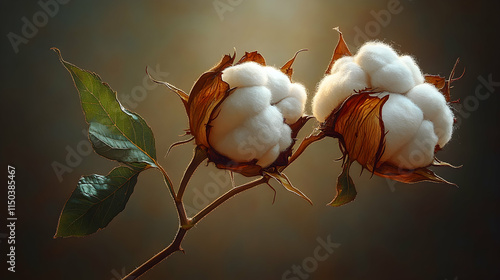 Two ripe cotton bolls on a branch with leaves against a dark background.