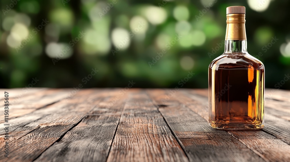 A bottle of whiskey sitting on top of a wooden table A bottle of whiskey sitting on top of a wooden table