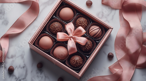 Chocolate gift box with assorted gourmet truffles, elegantly wrapped in pastel packaging with a silk ribbon, placed on a marble surface with soft lighting.