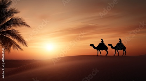 A couple of people riding on the backs of camels in the desert