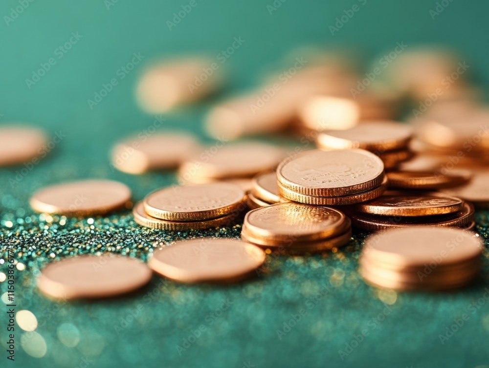 Glittering Coins on Sparkling Surface Glittering Coins on Sparkling Surface