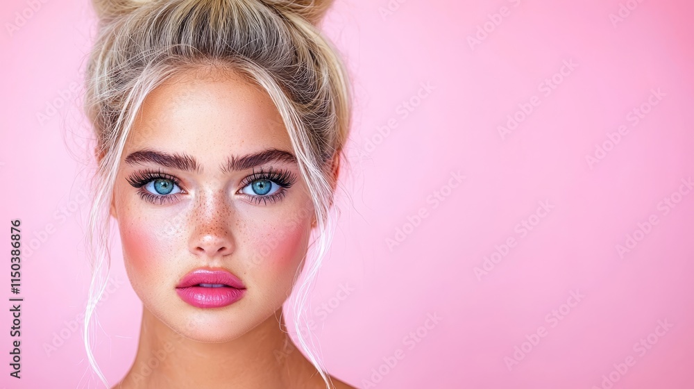 A woman with blonde hair and blue eyes on a pink background A woman with blonde hair and blue eyes on a pink background