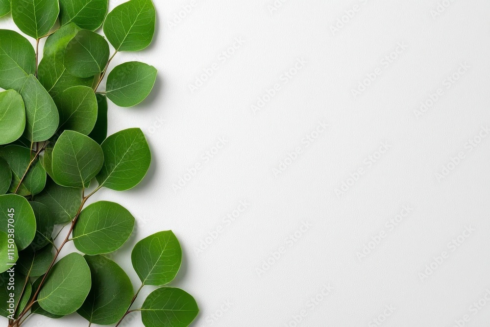 Obraz premium A photostock of intricate eucalyptus wreaths with soft green leaves, arranged symmetrically on a clean white background, elegant and fresh, High Quality