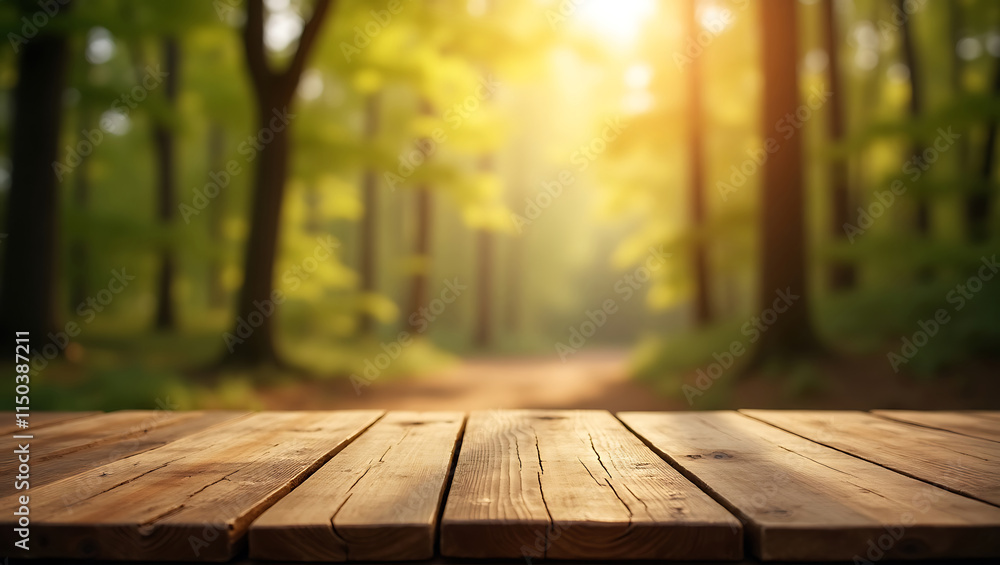 Rustic Wooden Tabletop in a Sunny Forest Pathway Rustic Wooden Tabletop in a Sunny Forest Pathway
