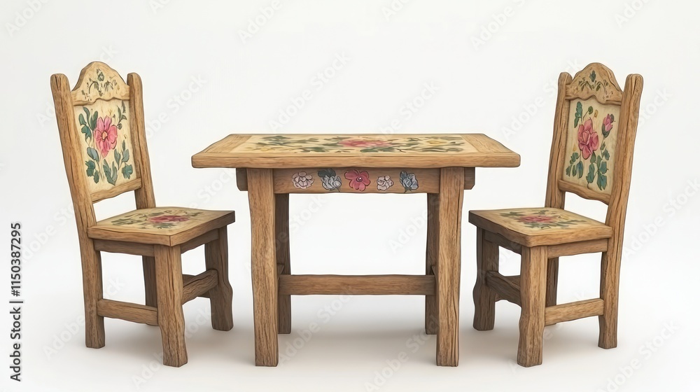 Fototapeta premium Rustic wooden table and two chairs with floral hand-painted design.