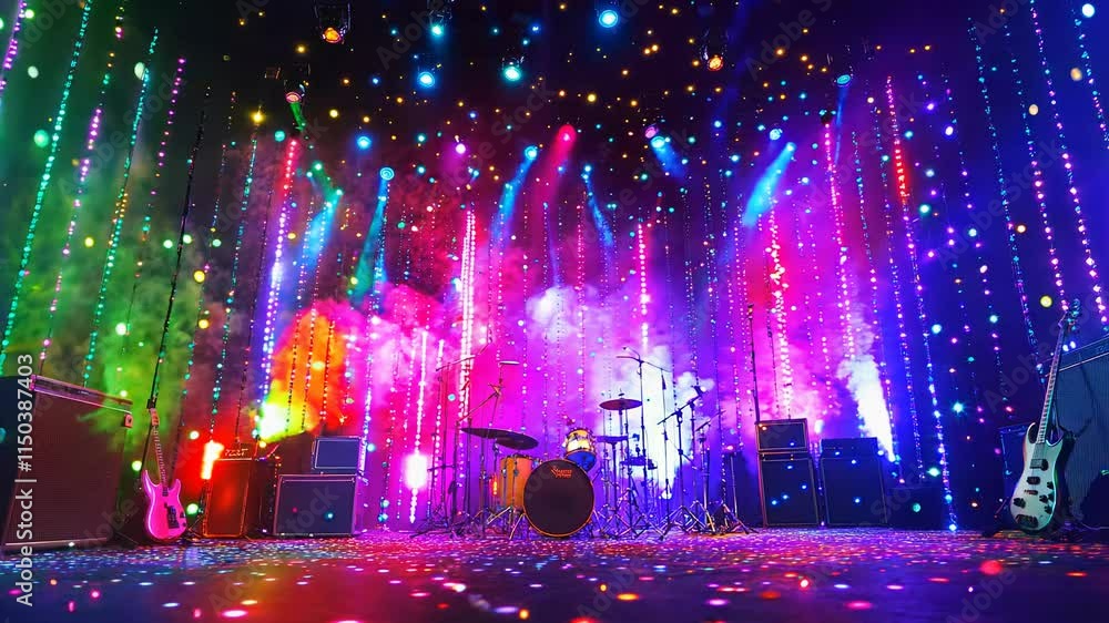 A vibrant concert scene with colorful lights and a dynamic stage, showcasing musical instruments like guitars and drums A vibrant concert scene with colorful lights and a dynamic stage, showcasing musical instruments like guitars and drums
